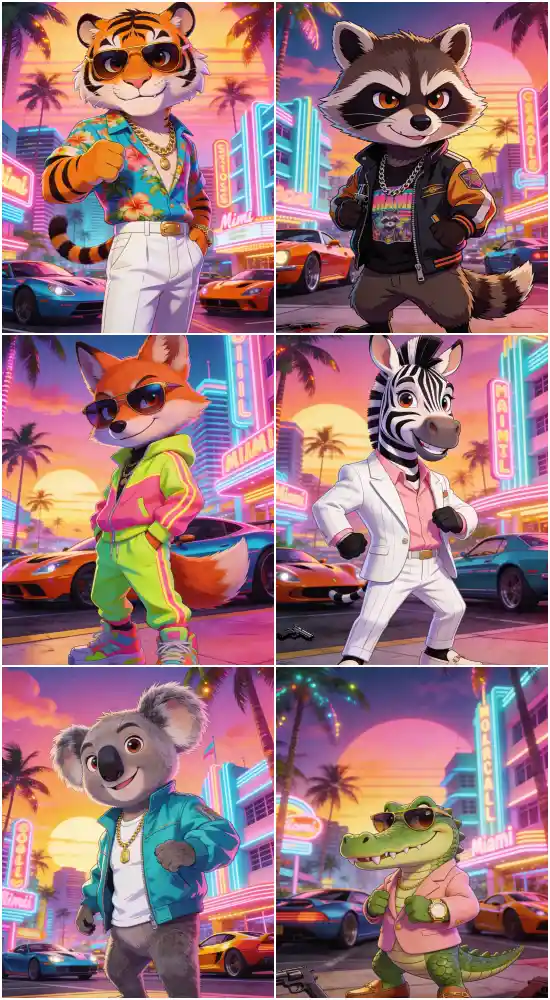 Miami Vice Gangster Animal AI Prompt Template – Cute Cartoon Crime Boss Generator – Neon 80s Retro City Character Creator – Digital Download