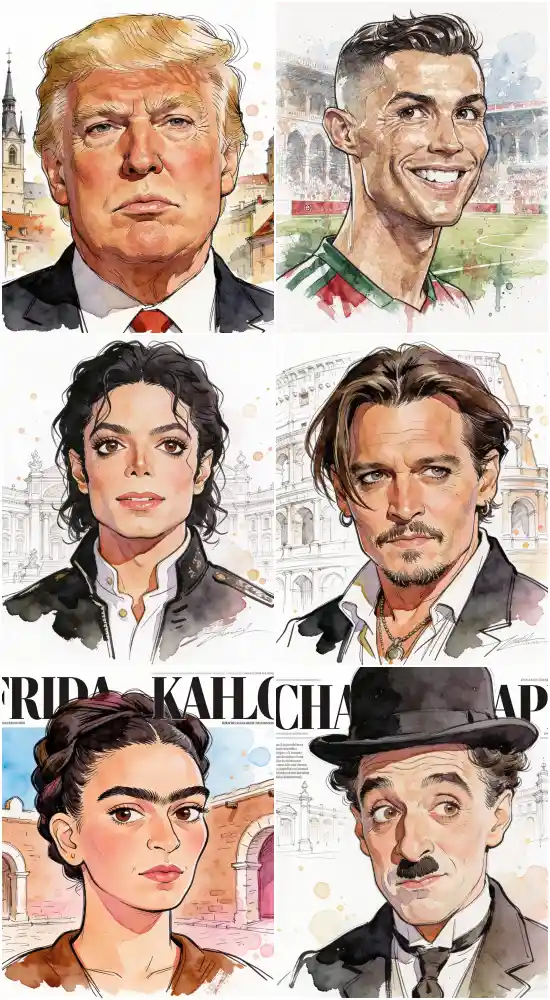 Universal AI Caricature Generator Prompt – Watercolor Editorial Cartoon Portrait Template – Identity Preserving Illustration for Any Model